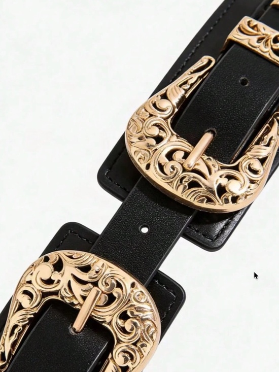Western Vegan Leather Gold Tone Double Buckle Stretchy Wide Belt main image 6